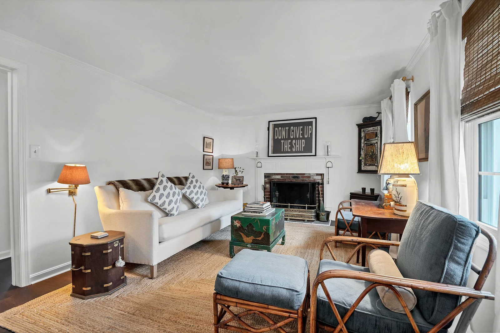 Living room with wood-burning fireplace