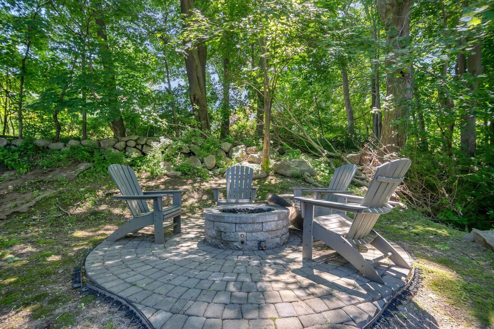 Backyard fire pit under the trees